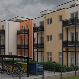 Quartier an der Kellei Dresden Stadtvillen Blick auf Außenanlage mit Fahrradstellplatz bewoelkt